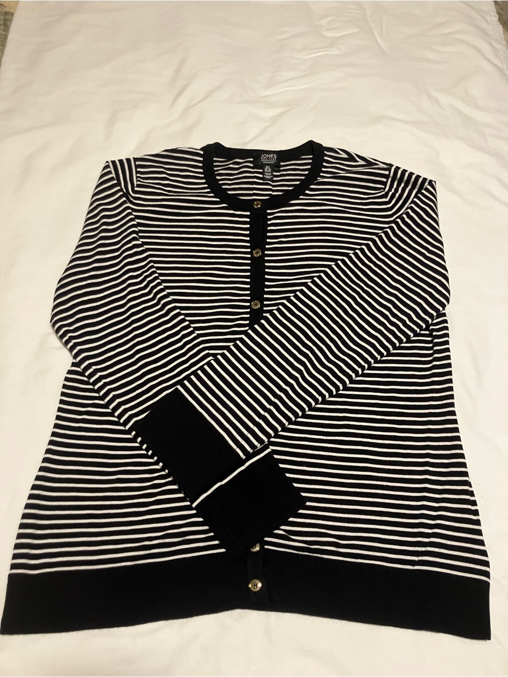 Jones New York Black and White Striped Cardigan Henley